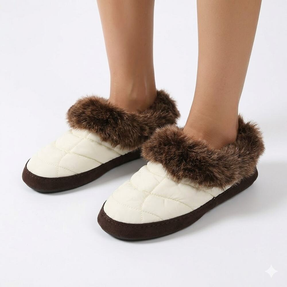 Lands' End Nylon Quilted Faux Fur Trim Slip On Slippers White Brown Women Size 8